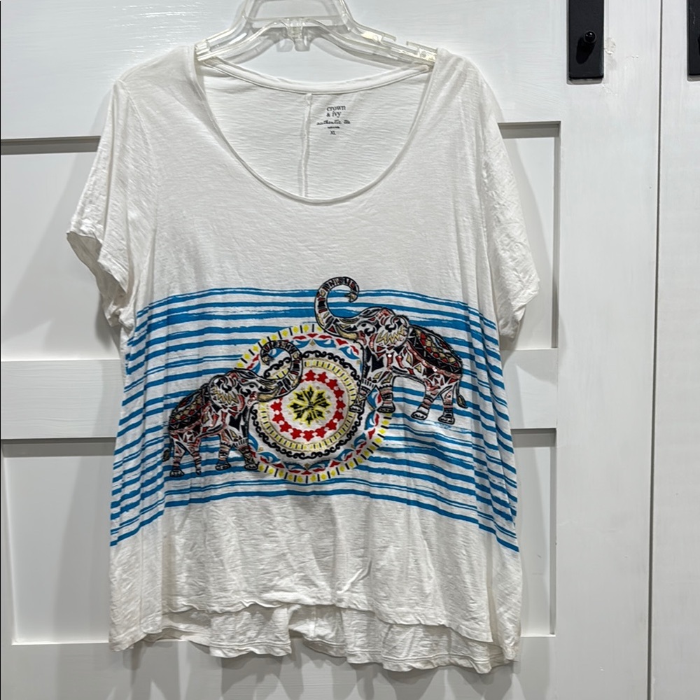 Crown & ivy White and Blue Elephant Print Top